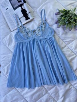 Dantelli Babydoll Gecelik & String Takım - Mavi