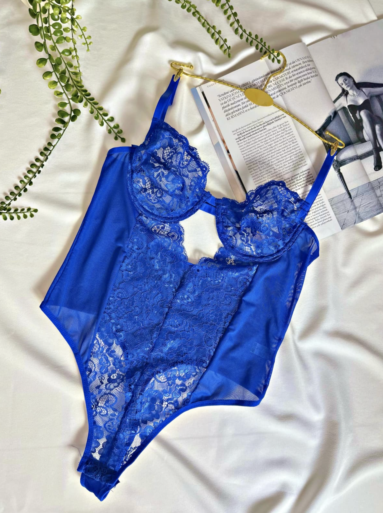 Dantel Balenli Transparan Bodysuit - Saks Mavisi