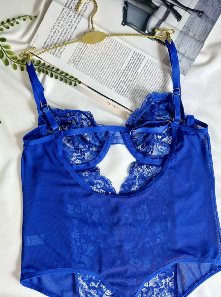 Dantel Balenli Transparan Bodysuit - Saks Mavisi