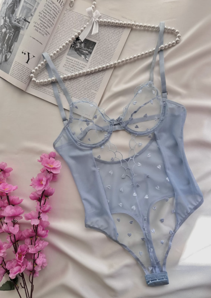 Kalp Desenli Balenli Transparan Bodysuit - Bebe Mavisi