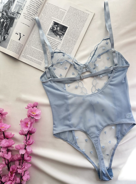 Kalp Desenli Balenli Transparan Bodysuit - Bebe Mavisi