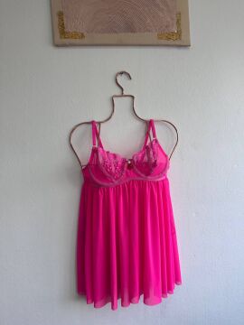 Dantelli Babydoll Gecelik & String Takım - Fuşya