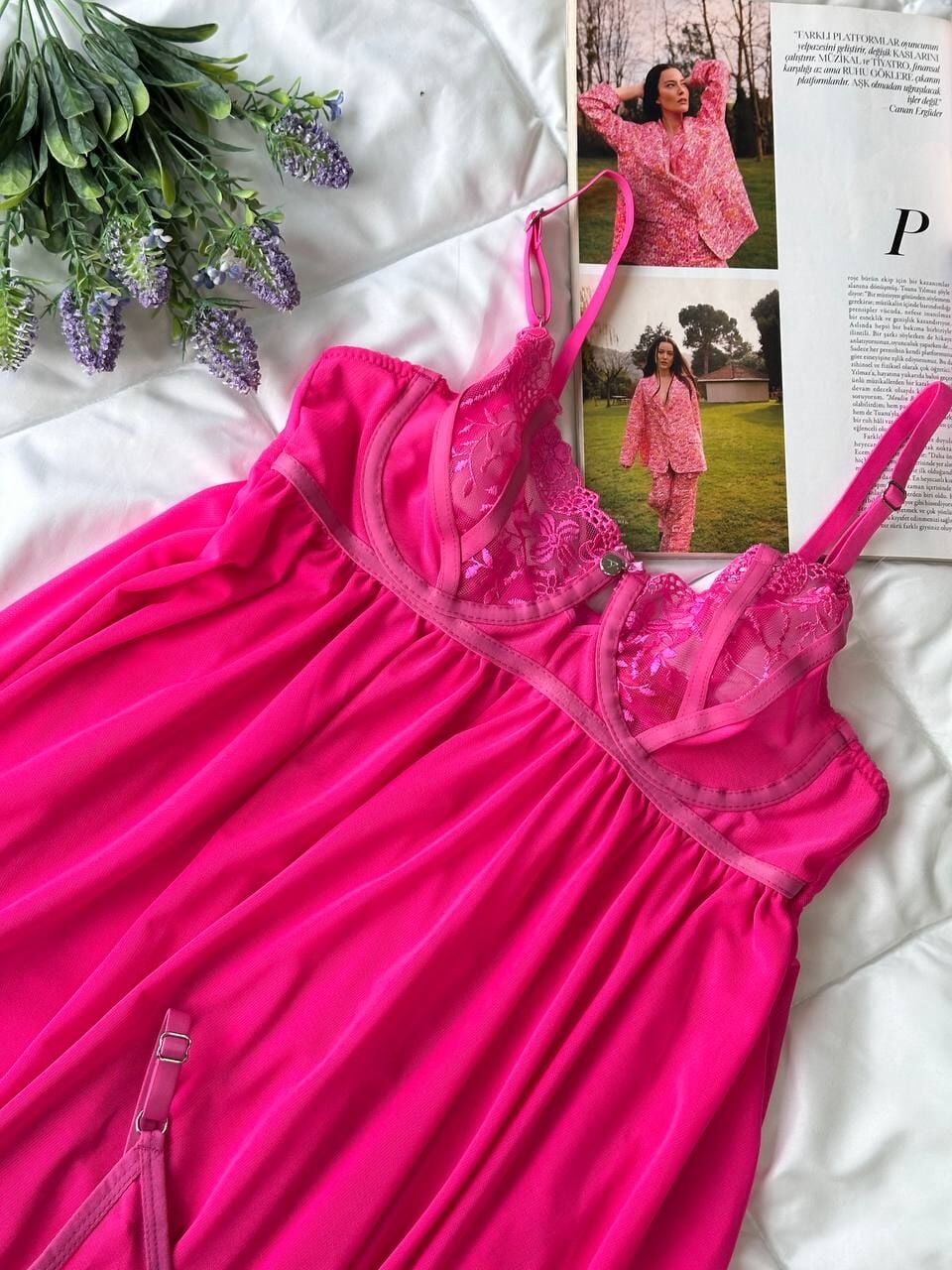 Dantelli Babydoll Gecelik & String Takım - Fuşya