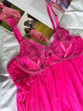 Dantelli Babydoll Gecelik & String Takım - Fuşya