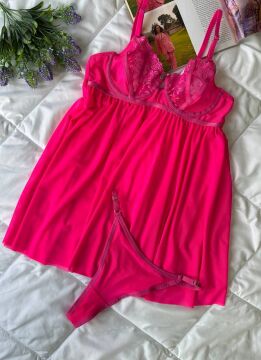 Dantelli Babydoll Gecelik & String Takım - Fuşya