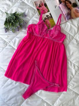 Dantelli Babydoll Gecelik & String Takım - Fuşya