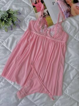 Dantelli Babydoll Gecelik & String Takım - Pembe