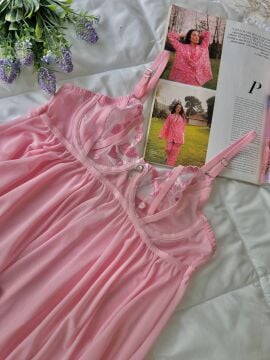 Dantelli Babydoll Gecelik & String Takım - Pembe Kalpli