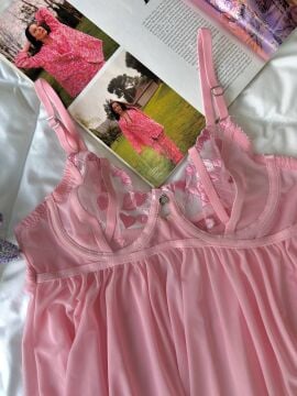 Dantelli Babydoll Gecelik & String Takım - Pembe Kalpli
