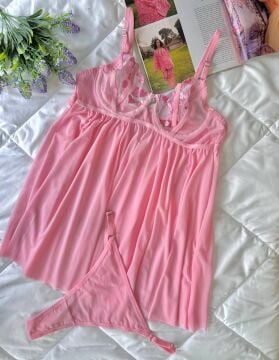 Dantelli Babydoll Gecelik & String Takım - Pembe Kalpli