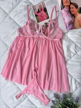 Dantelli Babydoll & String Takım - Pembe Çiçek Desenli