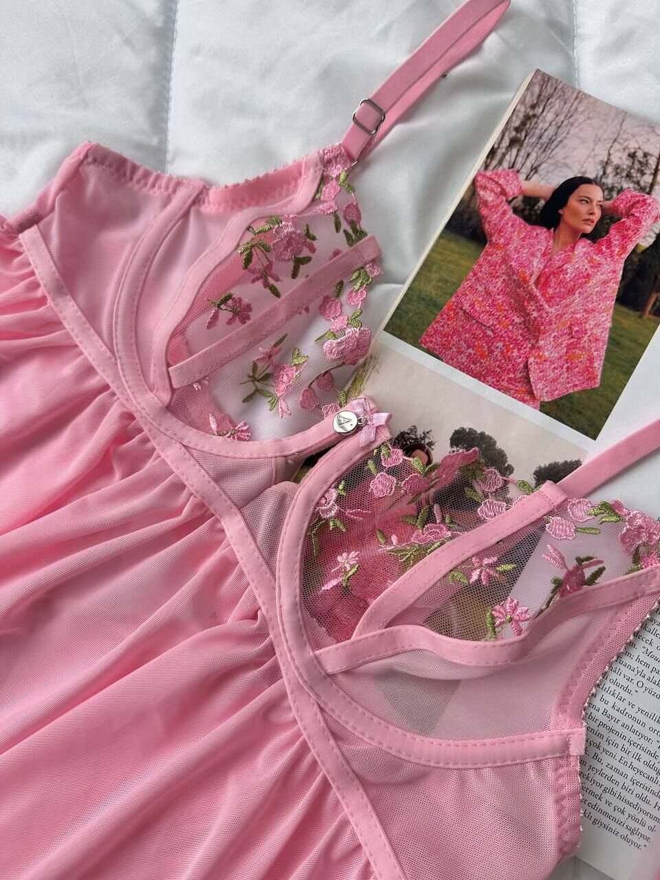 Dantelli Babydoll & String Takım - Pembe Çiçek Desenli