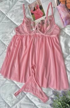 Dantelli Babydoll & String Takım - Pembe Çiçek Desenli