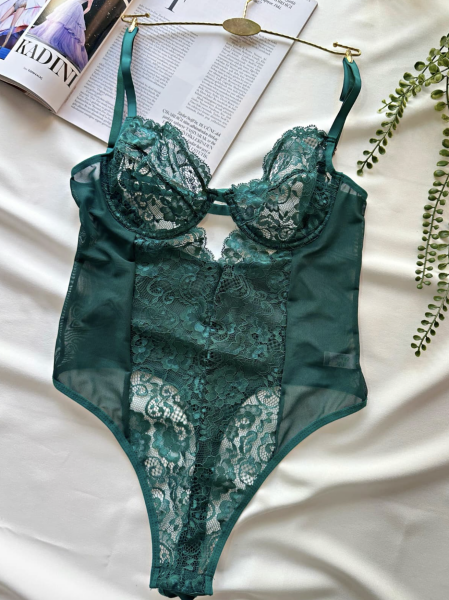 Dantel Balenli Transparan Bodysuit - Yeşil