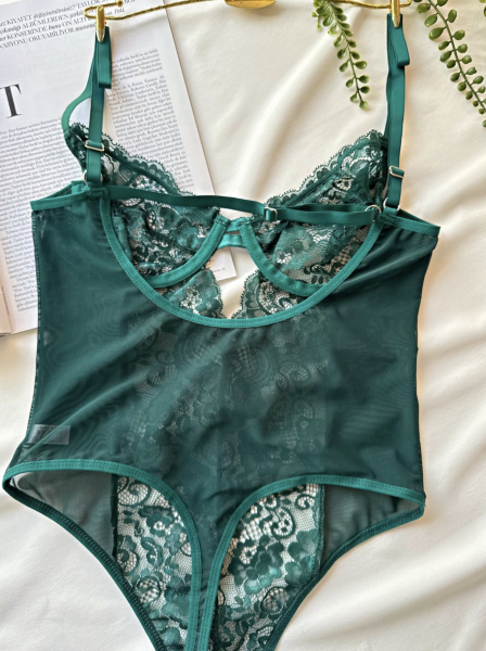 Dantel Balenli Transparan Bodysuit - Yeşil
