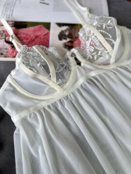 Dantelli Babydoll Gecelik & String Takım - Ekru