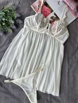 Dantelli Babydoll Gecelik & String Takım - Ekru