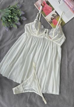 Dantelli Babydoll Gecelik & String Takım - Ekru