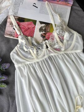Dantelli Babydoll Gecelik & String Takım - Ekru