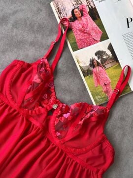 Dantelli Babydoll Gecelik & String Takım - Kırmızı Kalpli
