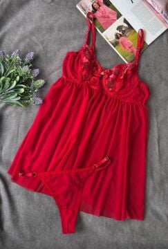 Dantelli Babydoll Gecelik & String Takım - Kırmızı Kalpli