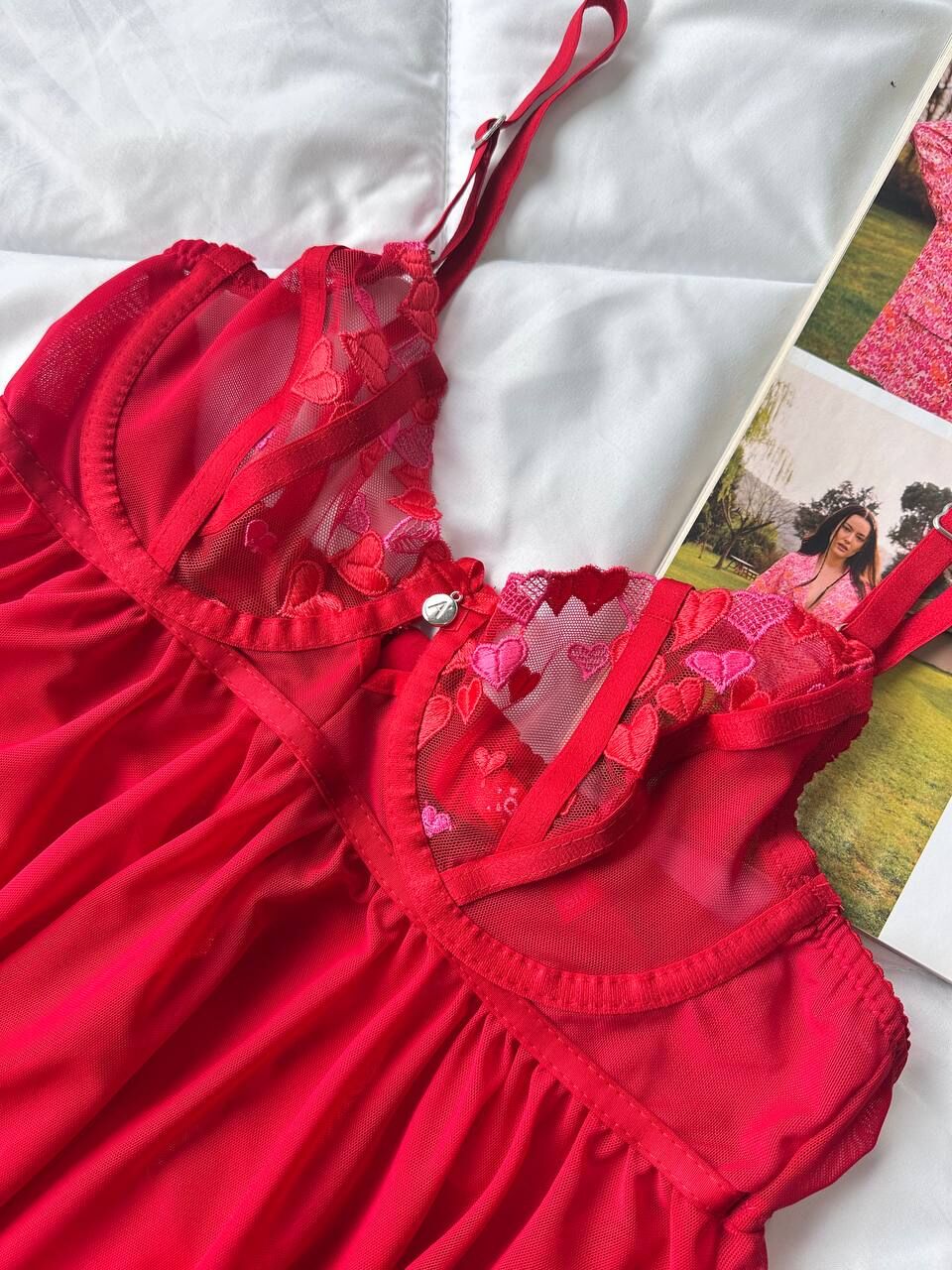 Dantelli Babydoll Gecelik & String Takım - Kırmızı Kalpli