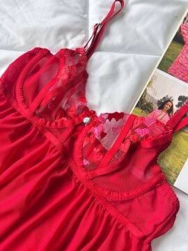 Dantelli Babydoll Gecelik & String Takım - Kırmızı Kalpli