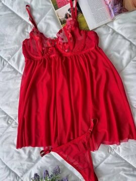 Dantelli Babydoll Gecelik & String Takım - Kırmızı Kalpli