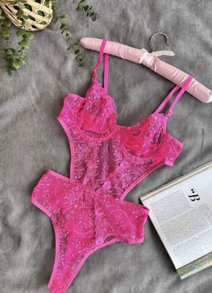 Dantel İşlemeli Balenli Transparan Bodysuit - Neon Pembe