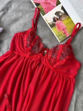 Dantelli Babydoll Gecelik & String Takım - Kırmızı Çiçek Nakışlı