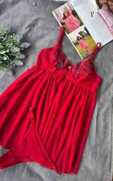 Dantelli Babydoll Gecelik & String Takım - Kırmızı Çiçek Nakışlı
