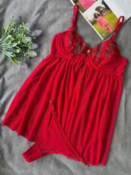 Dantelli Babydoll Gecelik & String Takım - Kırmızı Çiçek Nakışlı