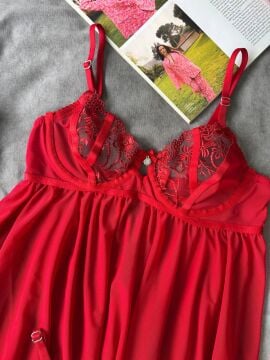 Dantelli Babydoll Gecelik & String Takım - Kırmızı Çiçek Nakışlı