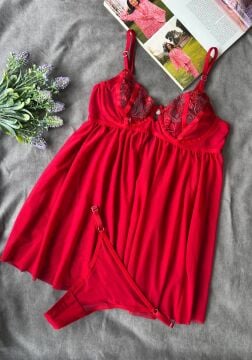 Dantelli Babydoll Gecelik & String Takım - Kırmızı Çiçek Nakışlı