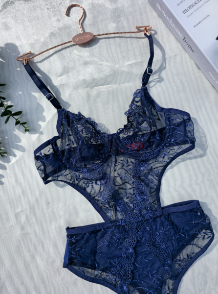 Dantel İşlemeli Balenli Transparan Bodysuit - Lacivert