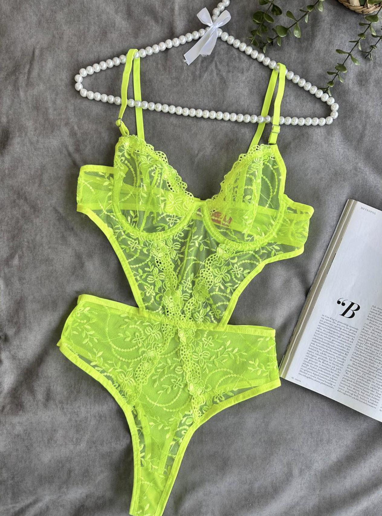 Dantel İşlemeli Balenli Transparan Bodysuit - Neon Yeşil