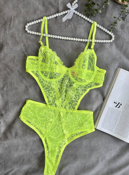 Dantel İşlemeli Balenli Transparan Bodysuit - Neon Yeşil