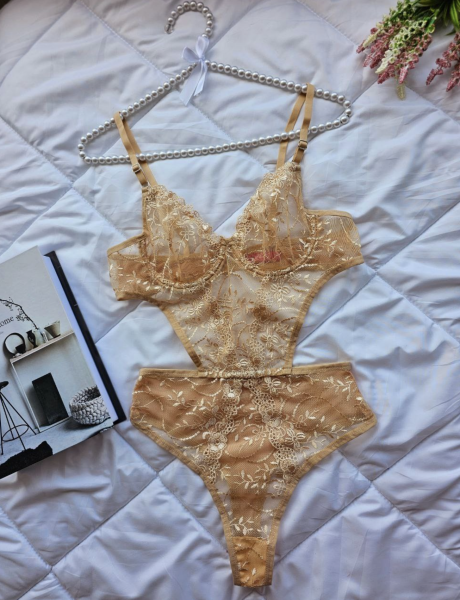 Dantel İşlemeli Balenli Transparan Bodysuit - Bej