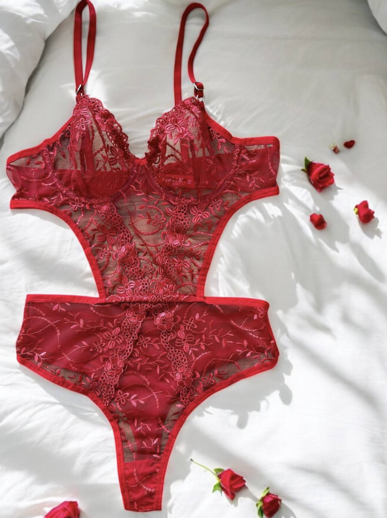 Dantel İşlemeli Balenli Transparan Bodysuit - Kırmızı