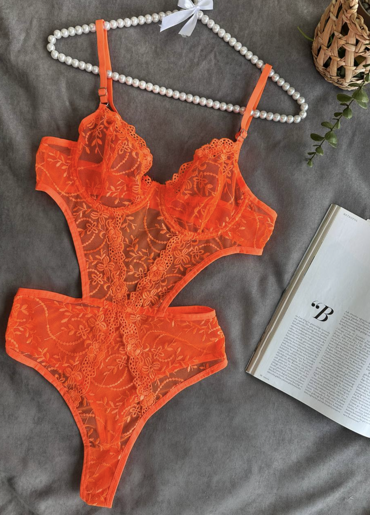 Dantel İşlemeli Balenli Transparan Bodysuit - Neon Turuncu