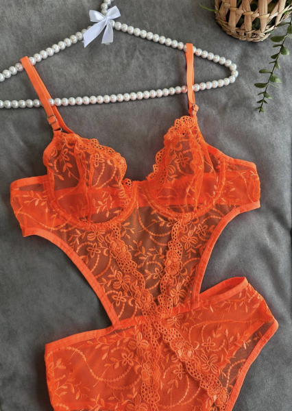 Dantel İşlemeli Balenli Transparan Bodysuit - Neon Turuncu
