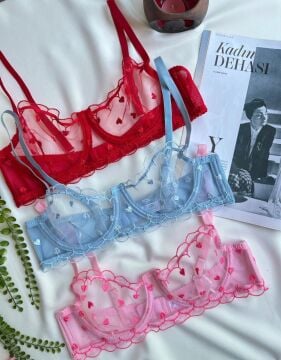 Kalp Desenli Transparan Sütyen & Tanga Takımı - Pudra