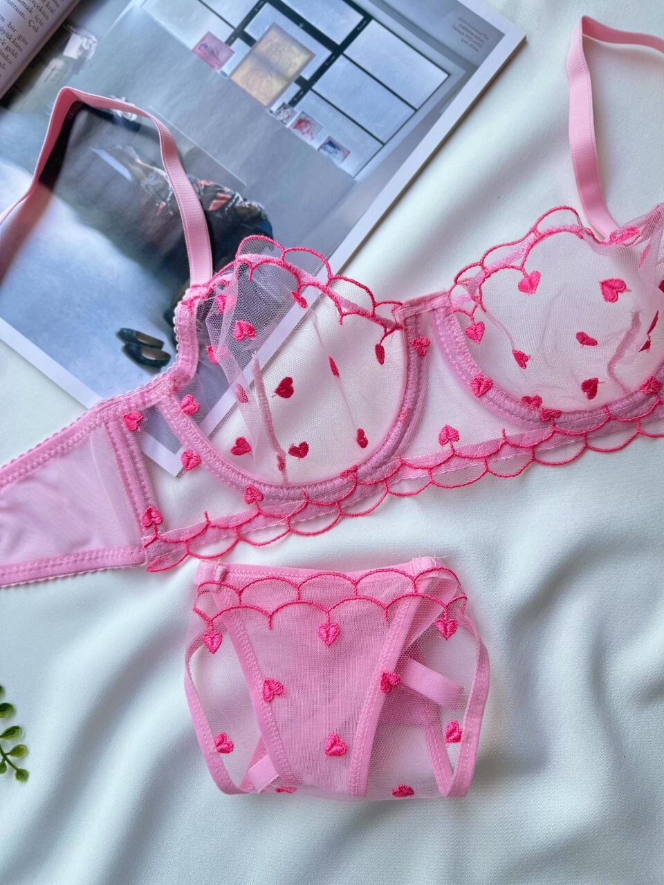Kalp Desenli Transparan Sütyen & Tanga Takımı - Pudra