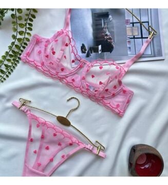 Kalp Desenli Transparan Sütyen & Tanga Takımı - Pudra