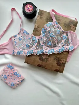 Çiçek Nakışlı Transparan Sütyen & Tanga Takımı - Pudra Mavi