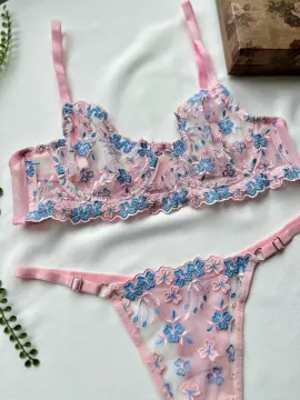 Çiçek Nakışlı Transparan Sütyen & Tanga Takımı - Pudra Mavi