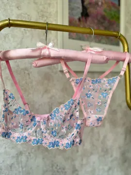 Çiçek Nakışlı Transparan Sütyen & Tanga Takımı - Pudra Mavi