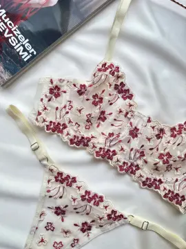 Çiçek Nakışlı Transparan Sütyen & Tanga Takımı - Bordo Ekru