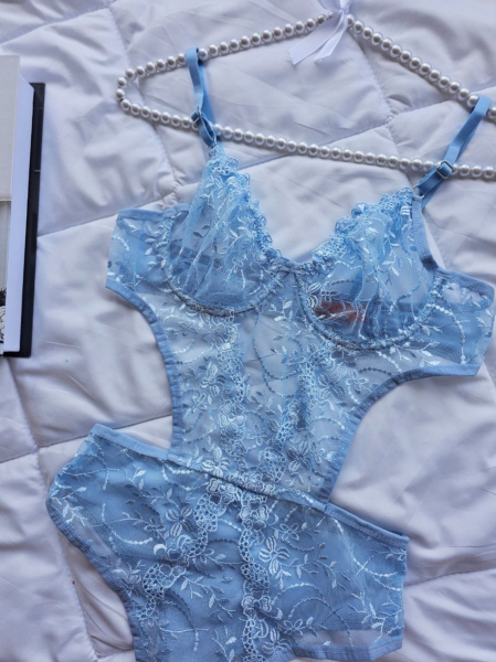 Dantel İşlemeli Balenli Transparan Bodysuit - Mavi