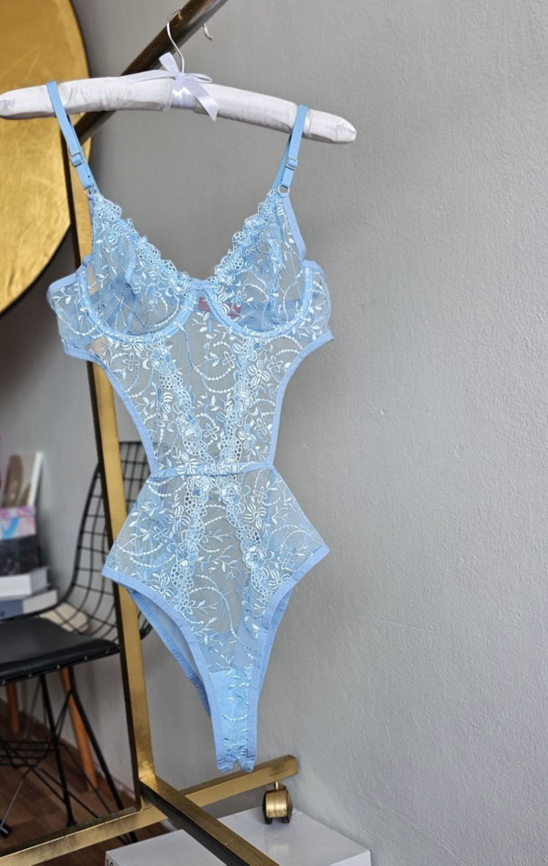 Dantel İşlemeli Balenli Transparan Bodysuit - Mavi